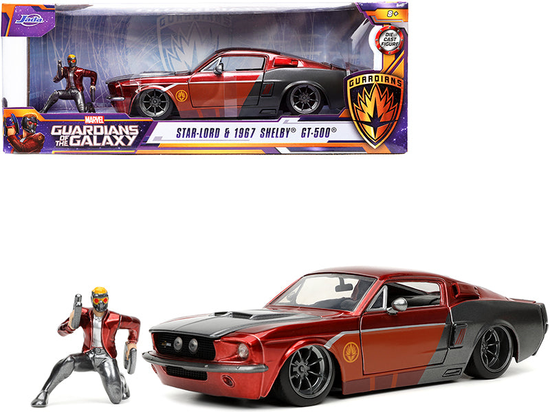 1967 Ford Mustang Shelby GT-500 Red Metallic and Gray Metallic with Star-Lord Diecast Figurine Guardians of the Galaxy Marvel Series 1/24 Diecast Model Car by Jada