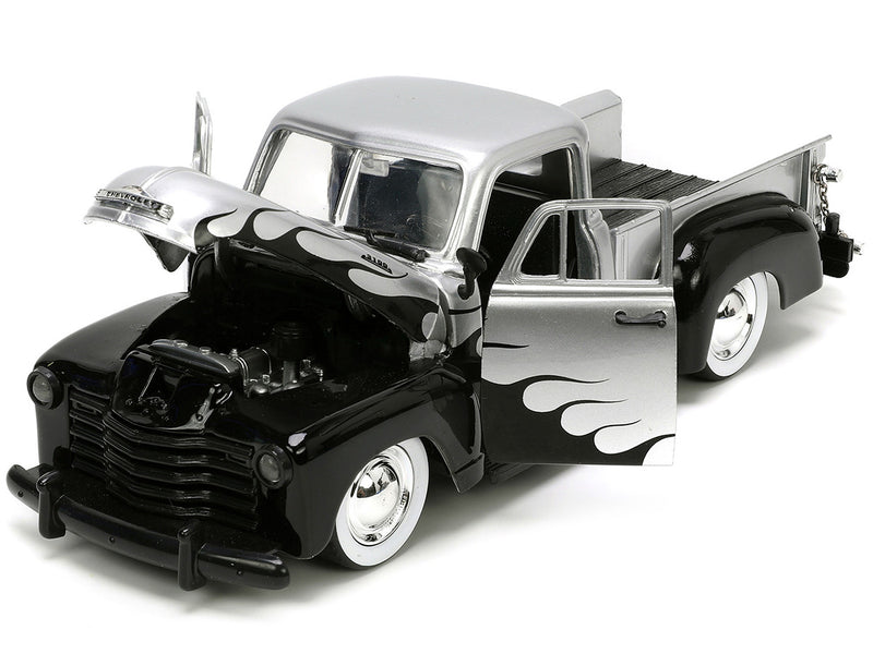 1953 Chevrolet 3100 Pickup Truck Silver Metallic with Black Flames with Extra Wheels Just Trucks Series 1/24 Diecast Model Car by Jada