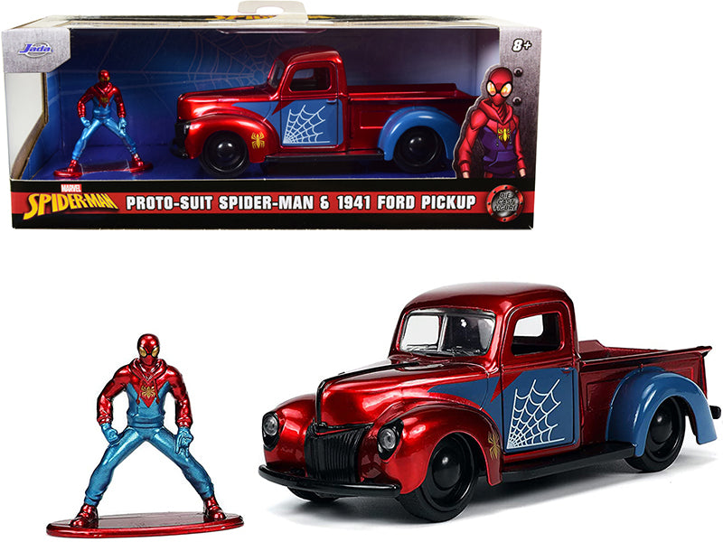 1941 Ford Pickup Truck Candy Red and Blue and Proto-Suit Spider-Man Diecast Figurine Marvel Series Hollywood Rides Series 1/32 Diecast Model Car by Jada