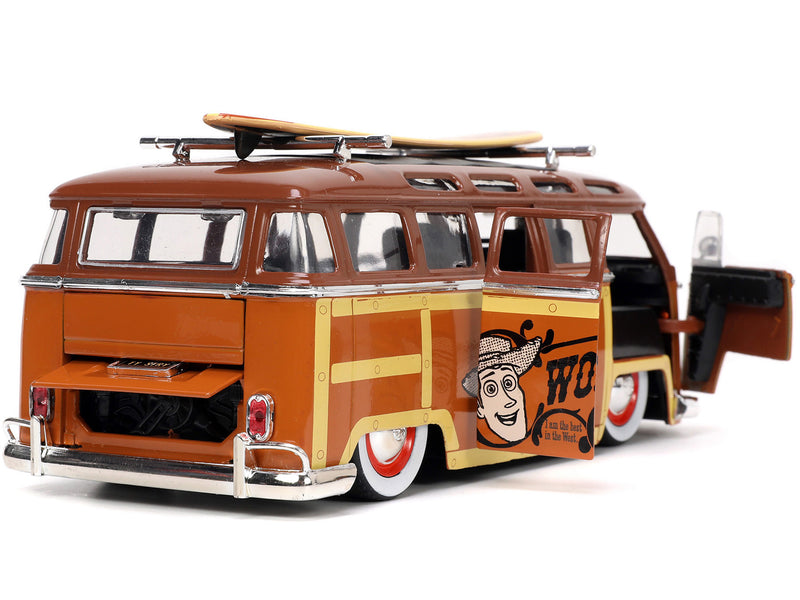 Volkswagen T1 Bus Brown with Graphics Sheriff Woody and Woody Diecast Figure and Surfboard Toy Story (1995) Movie Hollywood Rides Series 1/24 Diecast Model Car by Jada