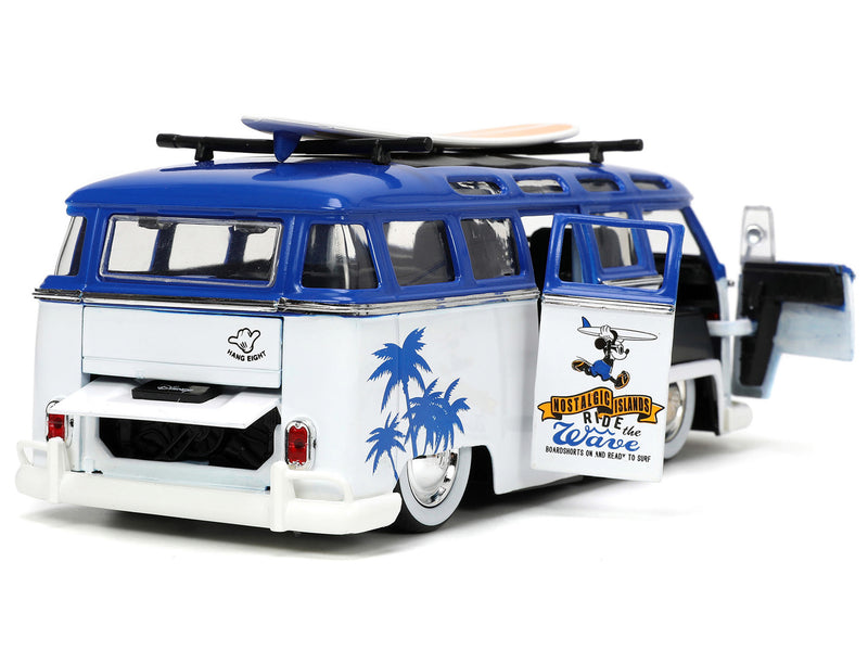 Volkswagen T1 Bus Blue and White with Graphics Nostalgic Islands Ride the Wave and Mickey Mouse Diecast Figure and Surfboard Disney's Mickey and Friends Hollywood Rides Series 1/24 Diecast Model Car by Jada