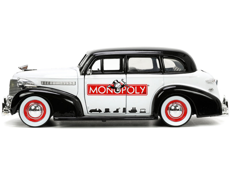 1939 Chevrolet Master Deluxe Black and White Monopoly and Mr. Monopoly Diecast Figure Hollywood Rides Series 1/24 Diecast Model Car by Jada