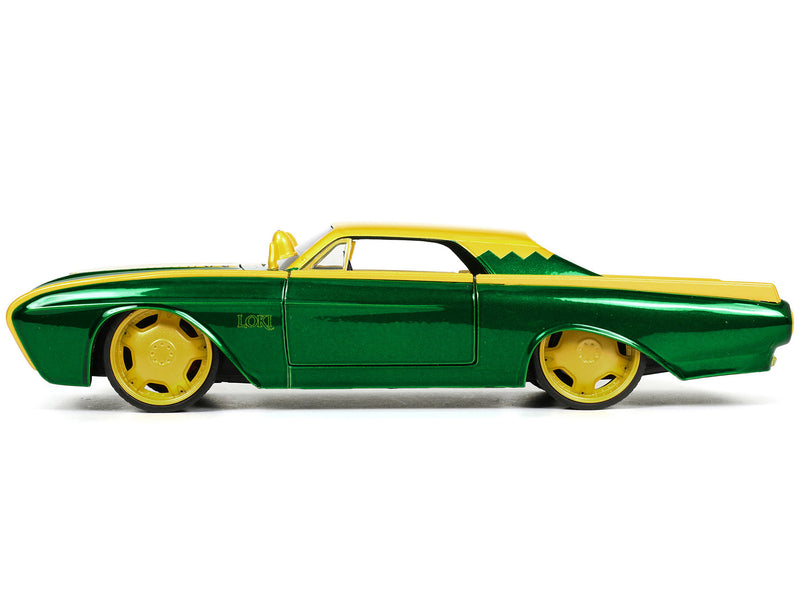 1963 Ford Thunderbird Green and Yellow Metallic with Hood Graphics and Loki Diecast Figure Loki Marvel Series 1/24 Diecast Model Car by Jada