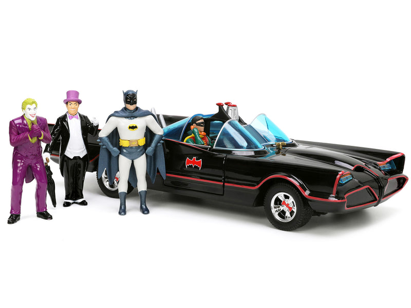 1966 Classic Batmobile with Diecast Batman The Joker The Penguin and Plastic Robin Sitting Inside The Car Batman TV Series (1966) Hollywood Rides Series 1/24 Diecast Model Car by Jada