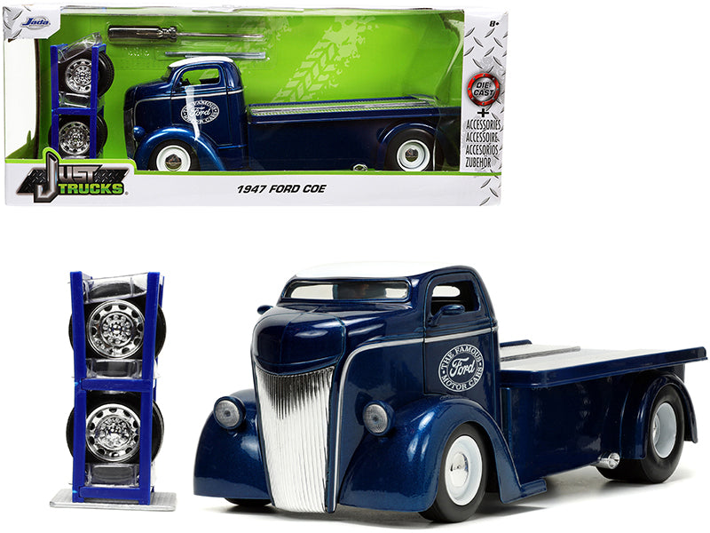 1947 Ford COE Flatbed Truck Dark Blue Metallic with White Top The Famous Motor Cars with Extra Wheels Just Trucks Series 1/24 Diecast Model by Jada