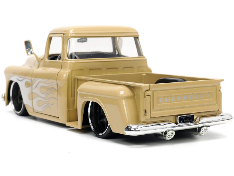 1955 Chevrolet Stepside Pickup Truck Tan with White and Silver Flames with Extra Wheels Just Trucks Series 1/24 Diecast Model Car by Jada