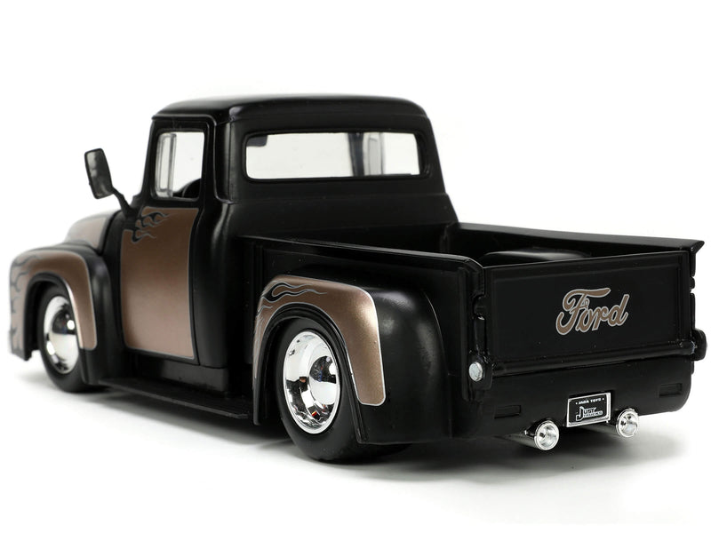 1956 Ford F-100 Pickup Truck Matt Black and Champagne with Flames with Extra Wheels Just Trucks Series 1/24 Diecast Model Car by Jada