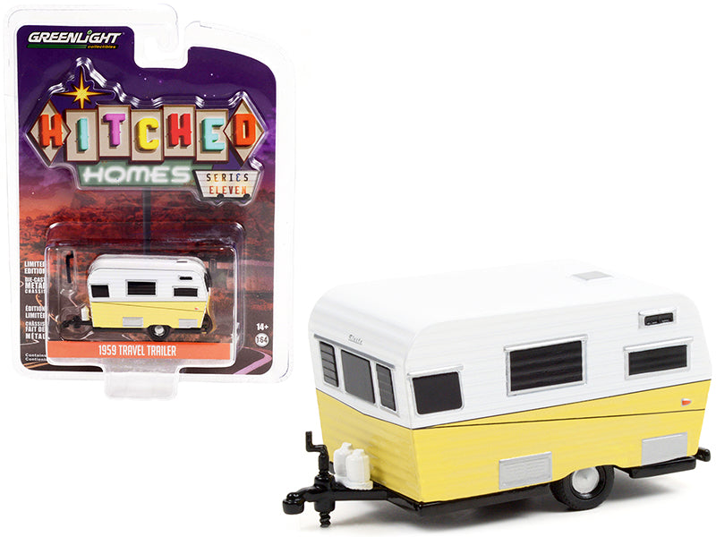 1959 Siesta Travel Trailer White and Yellow Hitched Homes Series 11 1/64 Diecast Model by Greenlight