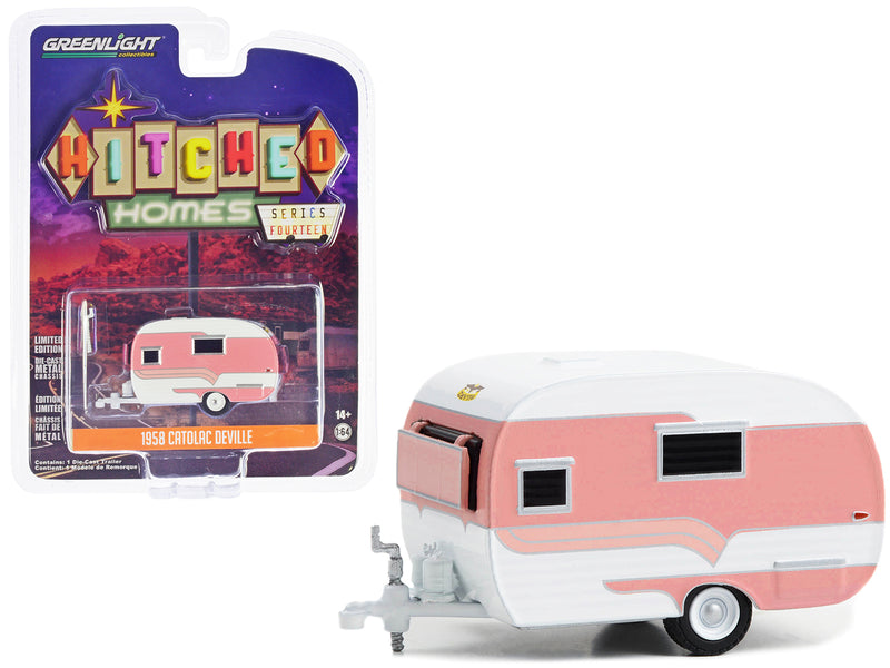 1958 Catolac DeVille Travel Trailer Pink and White Hitched Homes Series 14 1/64 Diecast Model by Greenlight