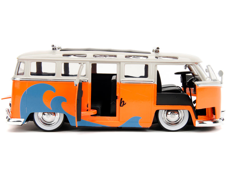 1962 Volkswagen Bus Santa Monica Surf Club Orange and White with Graphics with Roof Rack and Surfboard Punch Buggy Series 1/24 Diecast Model Car by Jada