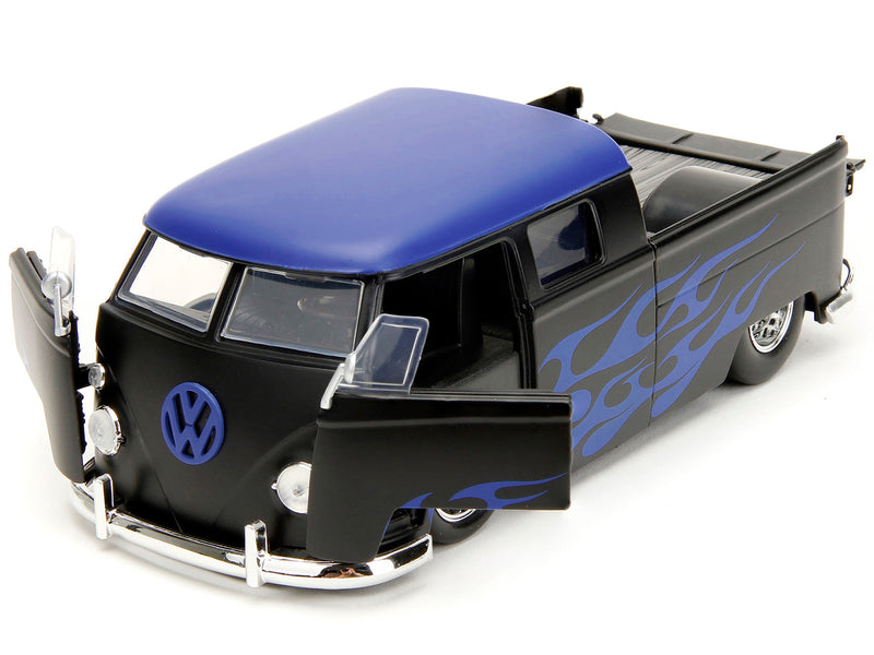 1963 Volkswagen Bus Pickup Truck Matt Black with Matt Blue Top and Flames Graphics Punch Buggy Series 1/24 Diecast Model Car by Jada