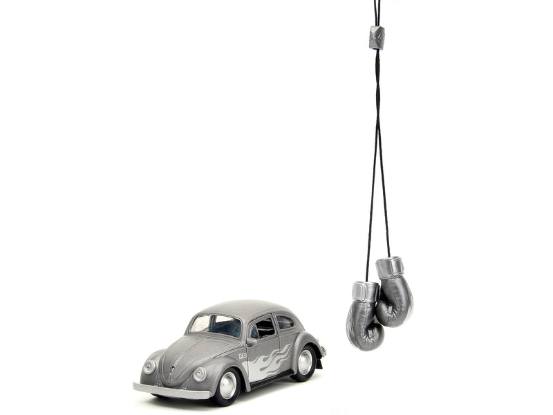 1959 Volkswagen Beetle Gray Metallic with Silver Flames and Boxing Gloves Accessory Punch Buggy Series 1/32 Diecast Model Car by Jada