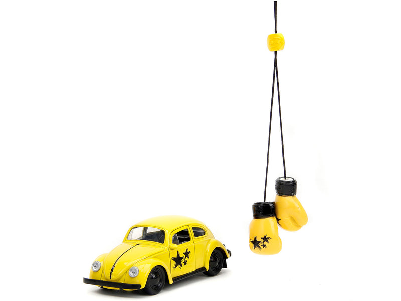 1959 Volkswagen Beetle Yellow with Black Graphics and Boxing Gloves Accessory Punch Buggy Series 1/32 Diecast Model Car by Jada