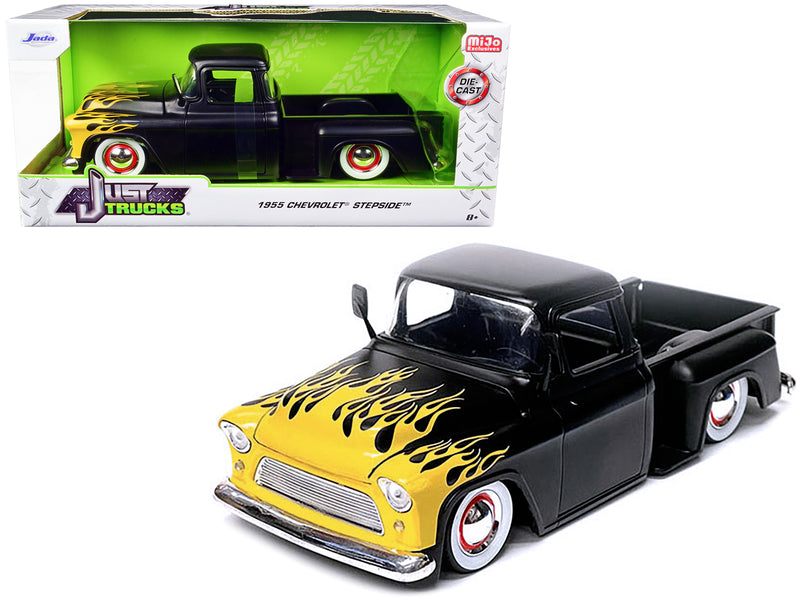 1955 Chevrolet Stepside Pickup Truck Matt Black with Yellow Flames Just Trucks Series 1/24 Diecast Model Car by Jada