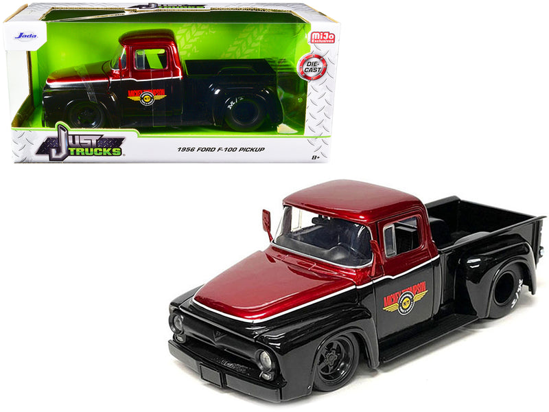 1956 Ford F-100 Pickup Truck Mickey Thompson Performance Tires & Wheels Black and Red Metallic Just Trucks Series 1/24 Diecast Model Car by Jada