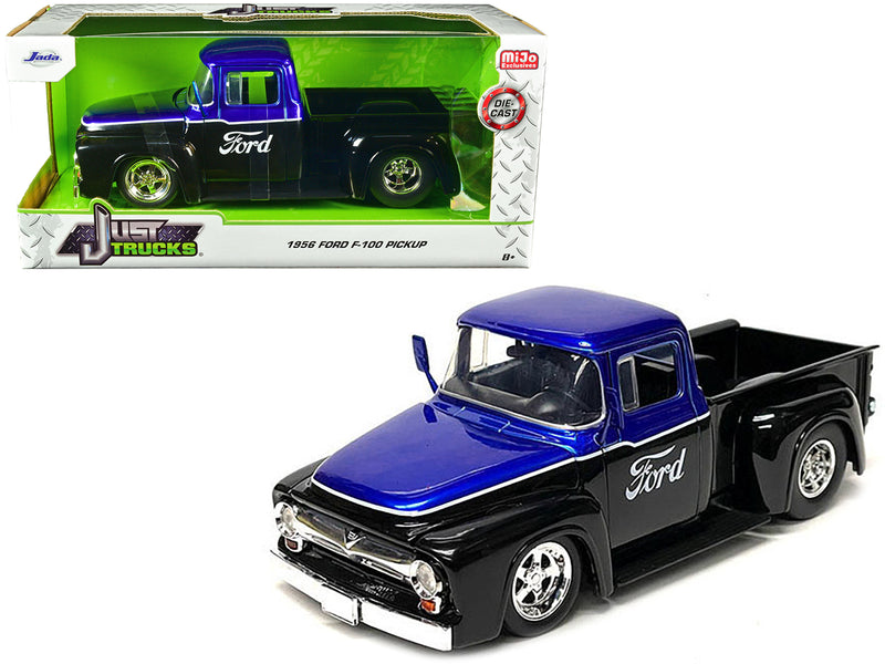 1956 Ford F-100 Pickup Truck Black and Blue Metallic with Ford Graphics Just Trucks Series 1/24 Diecast Model Car by Jada