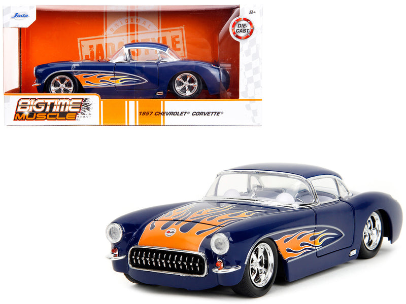 1957 Chevrolet Corvette Dark Blue with Flame Graphics and White Interior Bigtime Muscle Series 1/24 Diecast Model Car by Jada