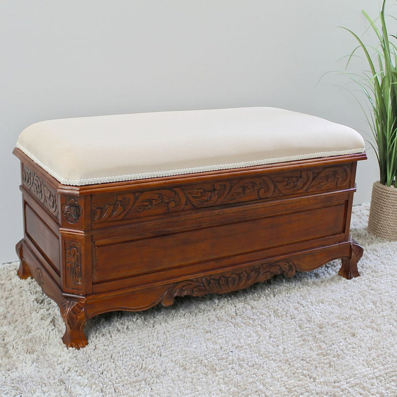 Carved Wood Trunk-Bench with Cushion Top