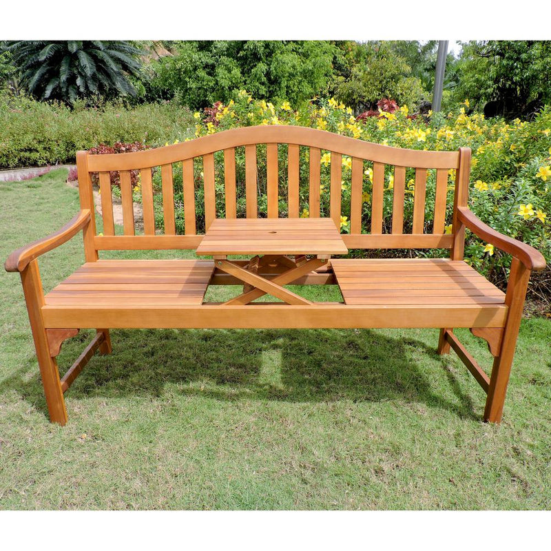 Royal Fiji Acacia 59-inch Camel back 63-inch 3-seater Bench with Pop-up Table