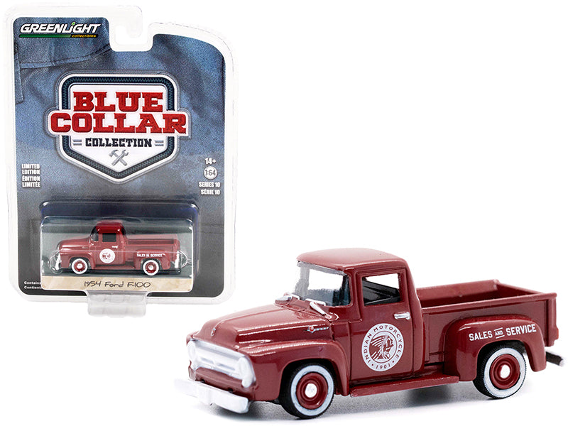 1954 Ford F-100 Pickup Truck Burgundy Indian Motorcycle Sales & Service Blue Collar Collection Series 10 1/64 Diecast Model Car by Greenlight