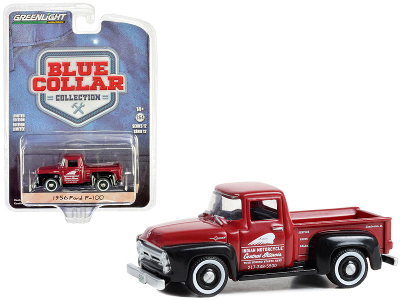 1956 Ford F-100 Pickup Truck Red and Black Indian Motorcycle Service Parts & Sales Blue Collar Collection Series 12  1/64 Diecast Model Car by Greenlight