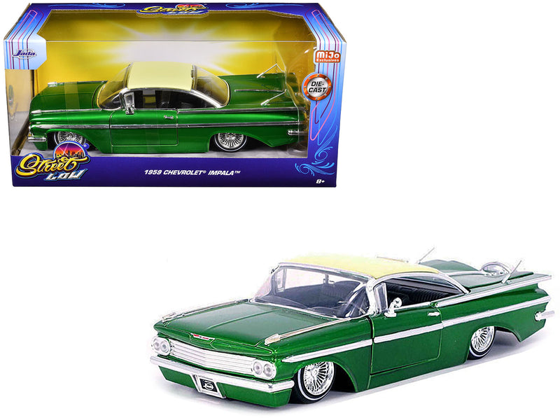 1959 Chevrolet Impala Lowrider Green Metallic with Cream Top and Wire Wheels Street Low Series 1/24 Diecast Model Car by Jada