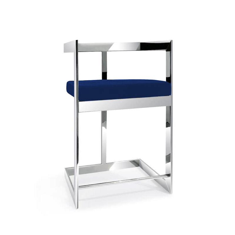 Bar stool, 30'' with blue cushion and stainless steel base