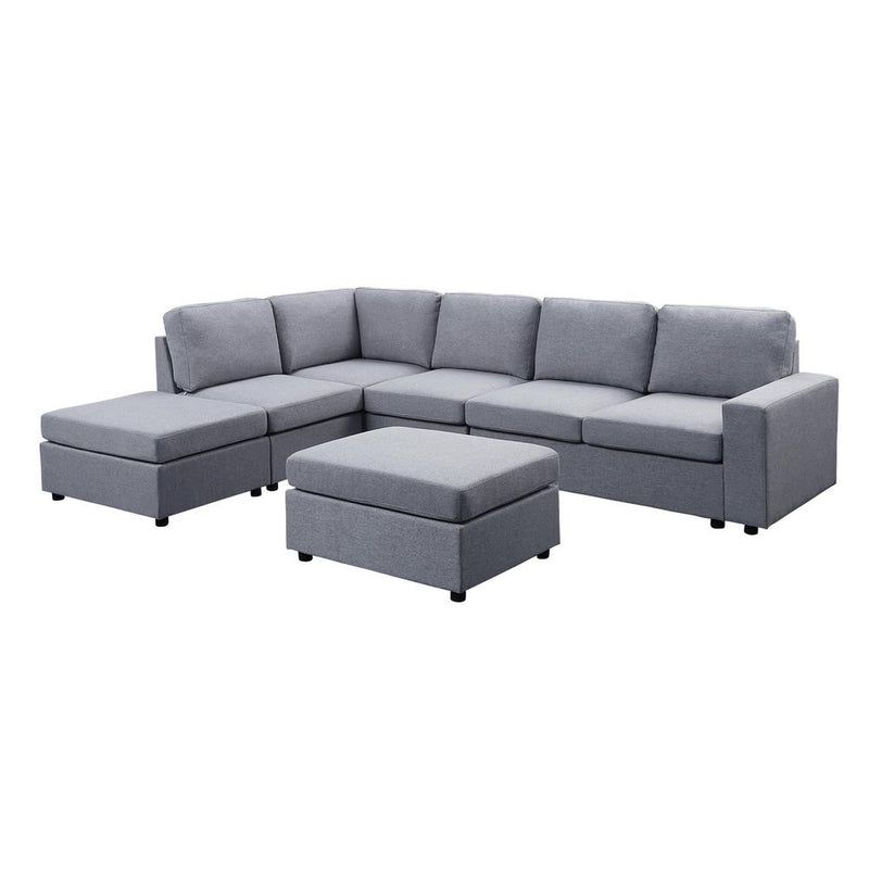 Cassia Light Gray Linen 7 Seat Reversible Modular Sectional Sofa with Ottoman