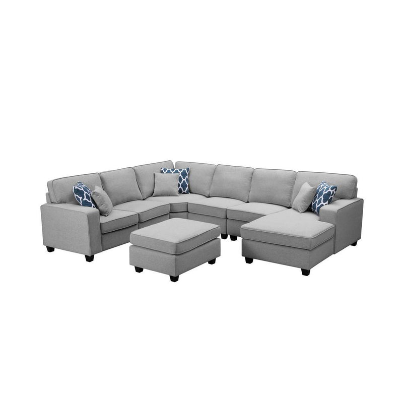 LILOLA Willowleaf 7Pc Modular Sectional Chaise and Ottoman in Light Gray Linen