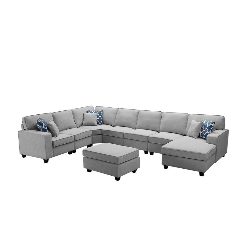 Irma Light Gray Linen 8Pc Modular Sectional Sofa Chaise and Ottoman