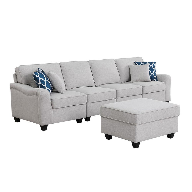 Leo Light Gray Linen 5 Seater Sofa and Ottoman