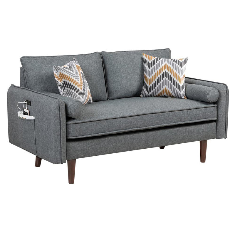 Mia Mid-Century Modern Gray Linen Loveseat Couch with USB Charging Ports & Pillows