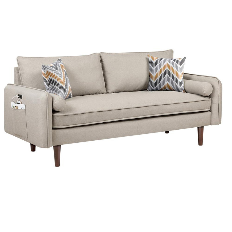 Mia Mid-Century Modern Beige Linen Sofa Couch with USB Charging Ports & Pillows