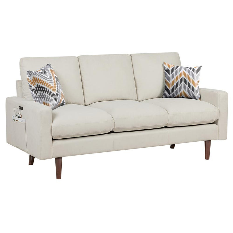 Abella Mid-Century Modern Beige Woven Fabric Sofa Couch with USB Charging Ports & Pillows