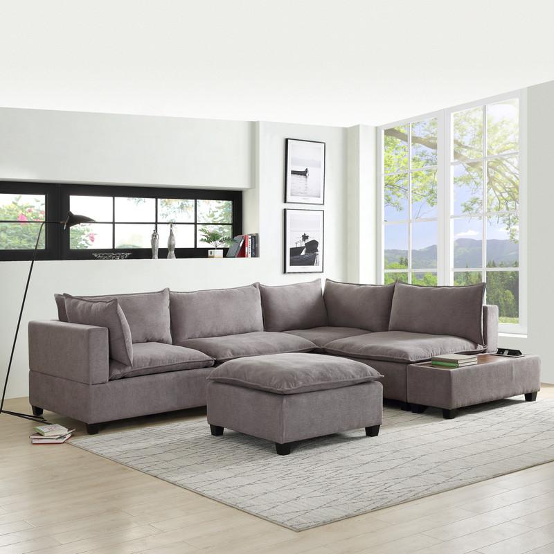 Madison Light Gray Fabric 6 Piece Modular Sectional Sofa with Ottoman and USB Storage Console Table