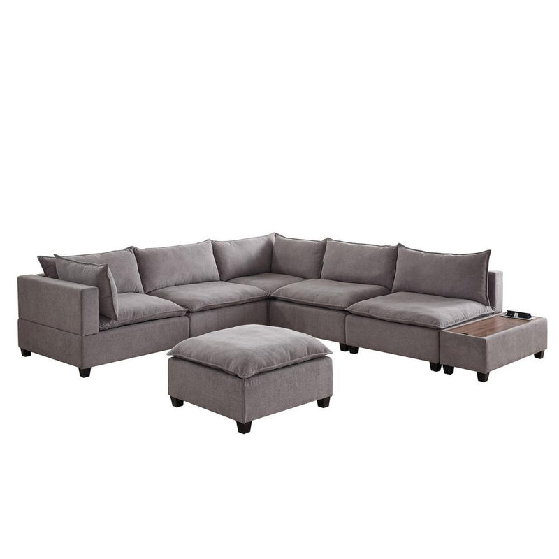 Madison Light Gray Fabric 7Pc Modular Sectional Sofa with Ottoman and USB Storage Console Table