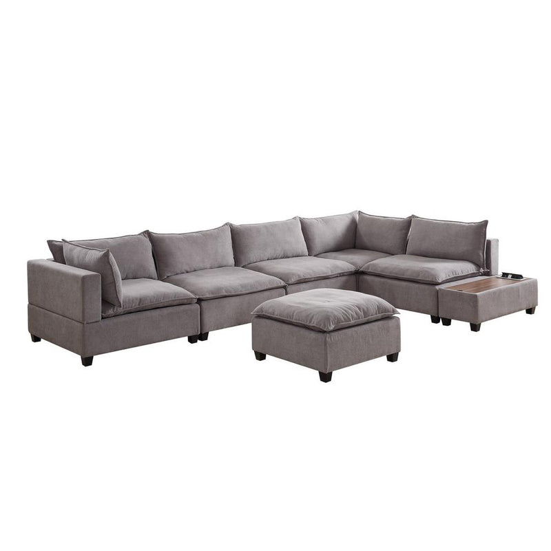 Madison Light Gray Fabric 7 Piece Modular Sectional Sofa with Ottoman and USB Storage Console Table