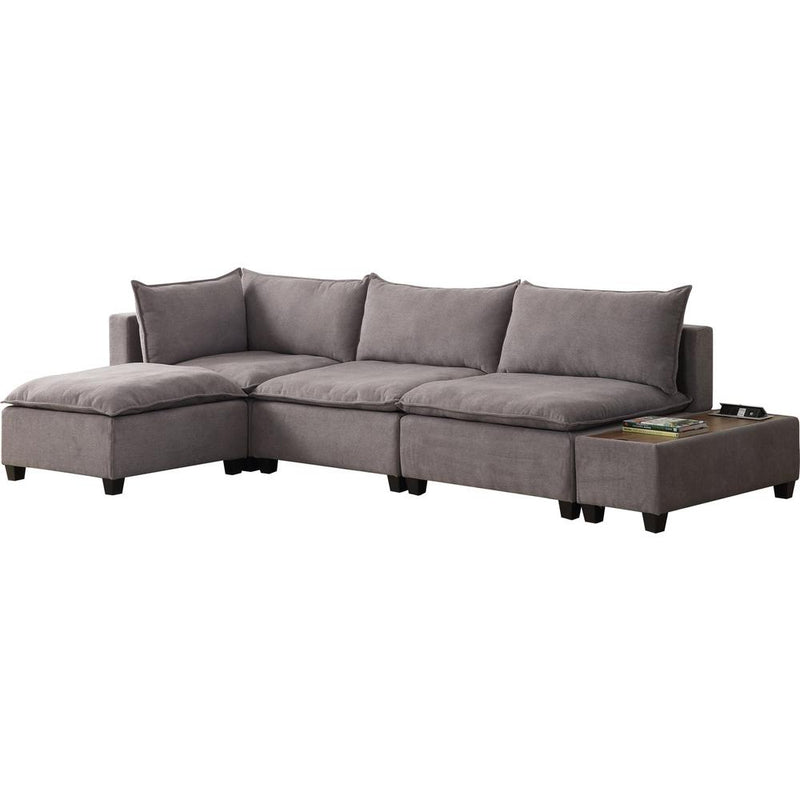 Madison Light Gray Fabric 5 Piece Modular Sectional Sofa Ottoman with USB Storage Console Table