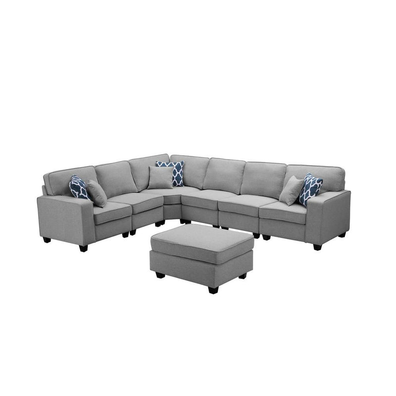 LILOLA Casanova 7Pc Modular Sectional Sofa with Ottoman in Light Gray Linen