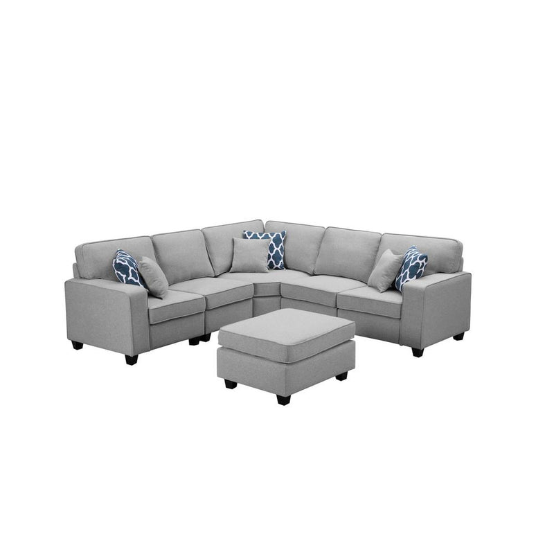 LILOLA Sonoma 6Pc Modular Sectional Sofa with Ottoman in Light Gray Linen