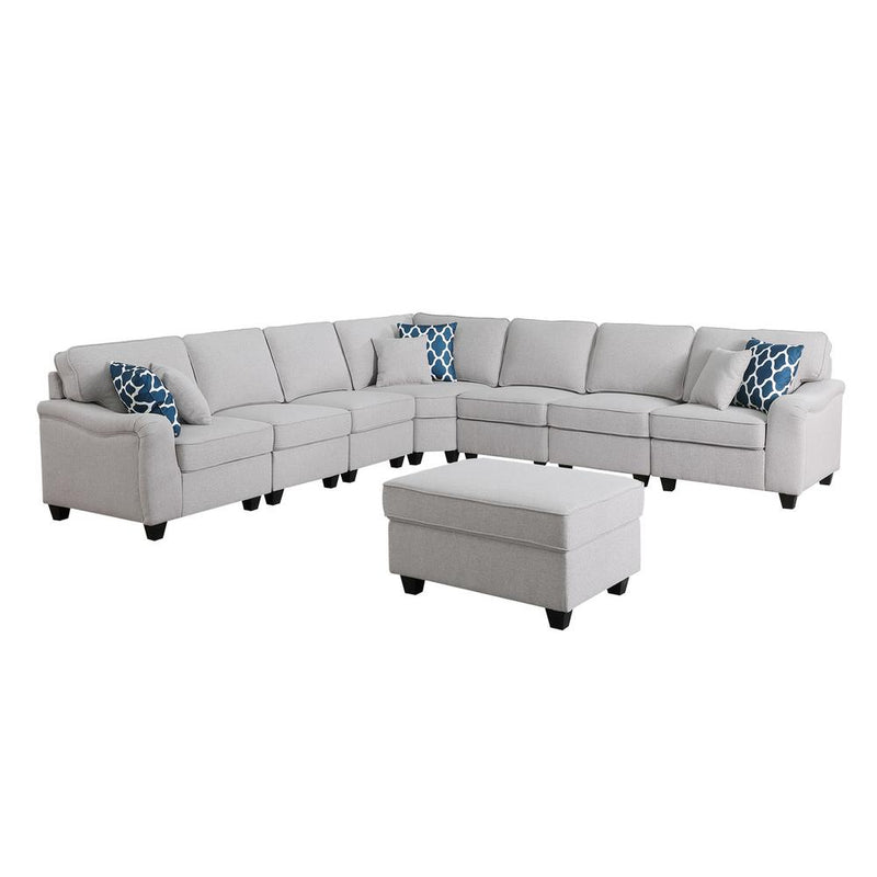 Leo Light Gray Linen 8Pc Modular L-Shape Sectional Sofa and Ottoman