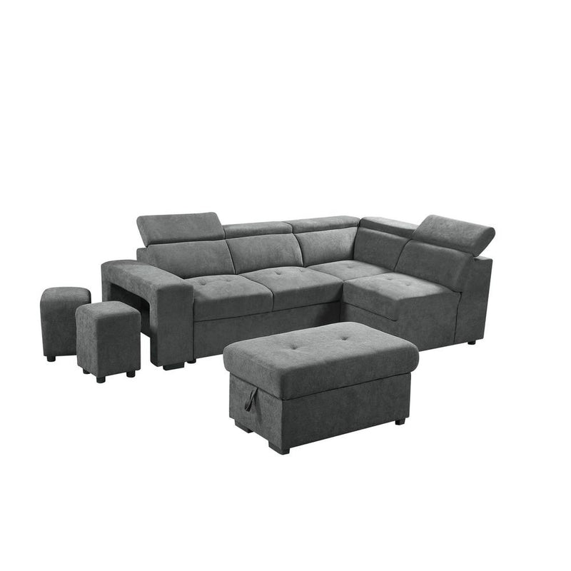 Henrik Light Gray Sleeper Sectional Sofa with Storage Ottoman and 2 Stools