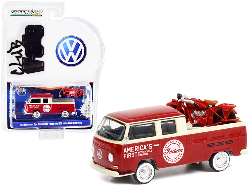 1968 Volkswagen Type 2 Double Cab Pickup Truck Red and Cream America's First Motorcycle Company and 1920 Indian Scout Motorcycle Red Club Vee V-Dub Series 13 1/64 Diecast Model Car by Greenlight