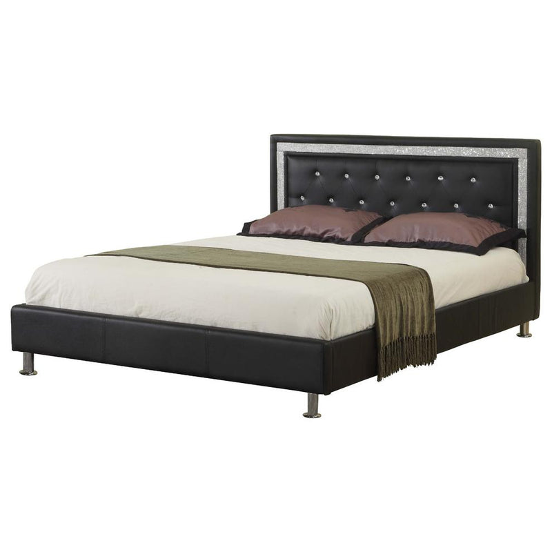 Best Master Faux Leather Queen Platform Bed with Crystal Tufted Buttons in Black