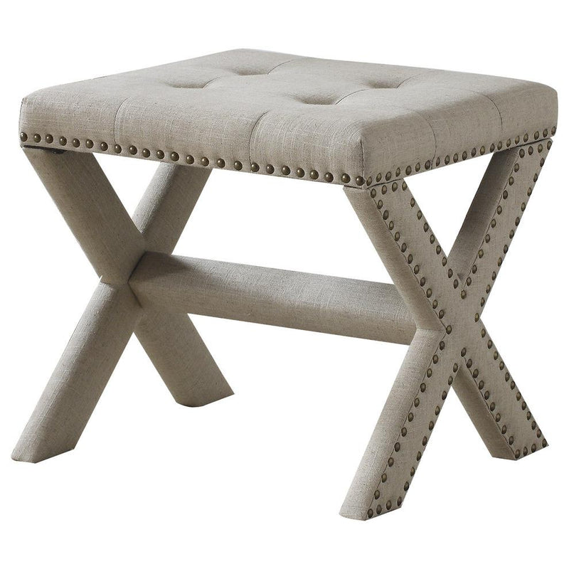 Best Master Fabric Upholstered Square Accent Bench in Natural/Nail Heads