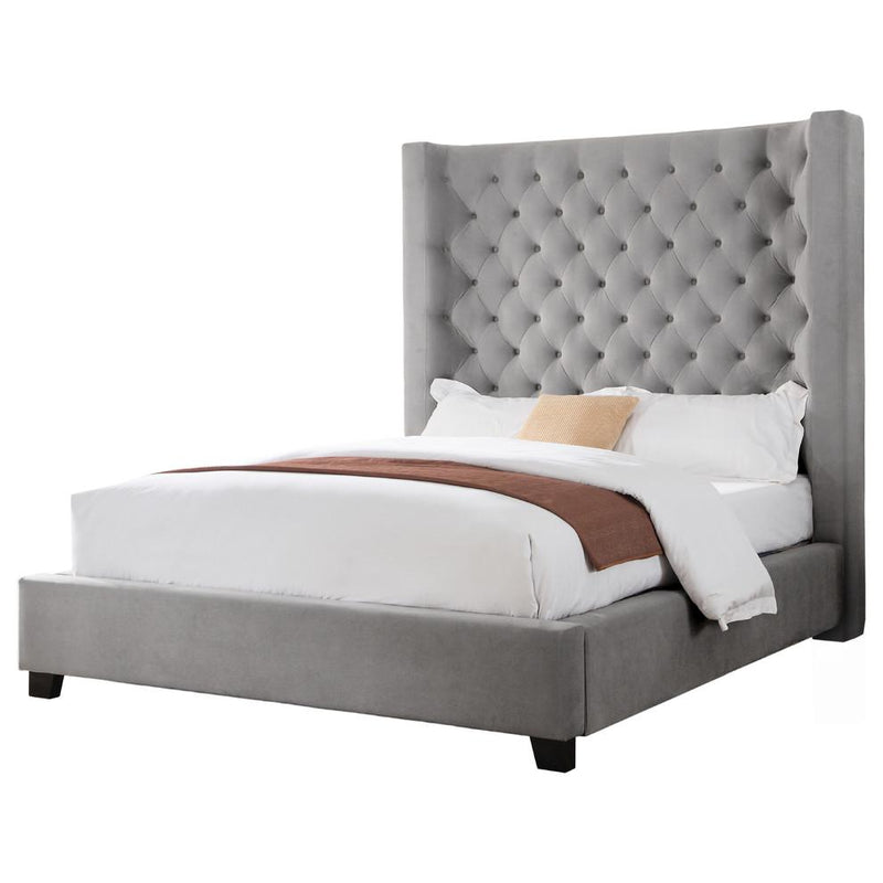 Best Master Jamie Velvet Upholstered Tower High Profile East King Bed in Gray