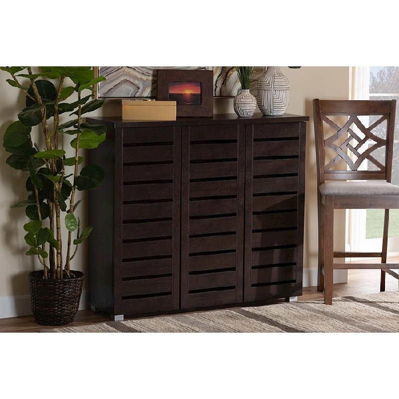 3-Door Dark Brown Wooden Entryway Shoes Storage Cabinet