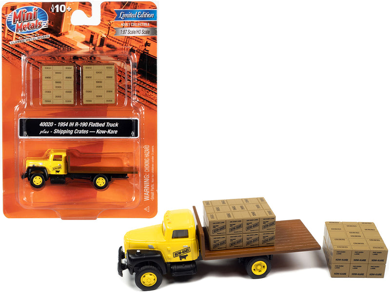 1954 IH R-190 Flatbed Truck Yellow and Two Shipping Crate Loads Kow-Kare 1/87 (HO) Scale Model by Classic Metal Works