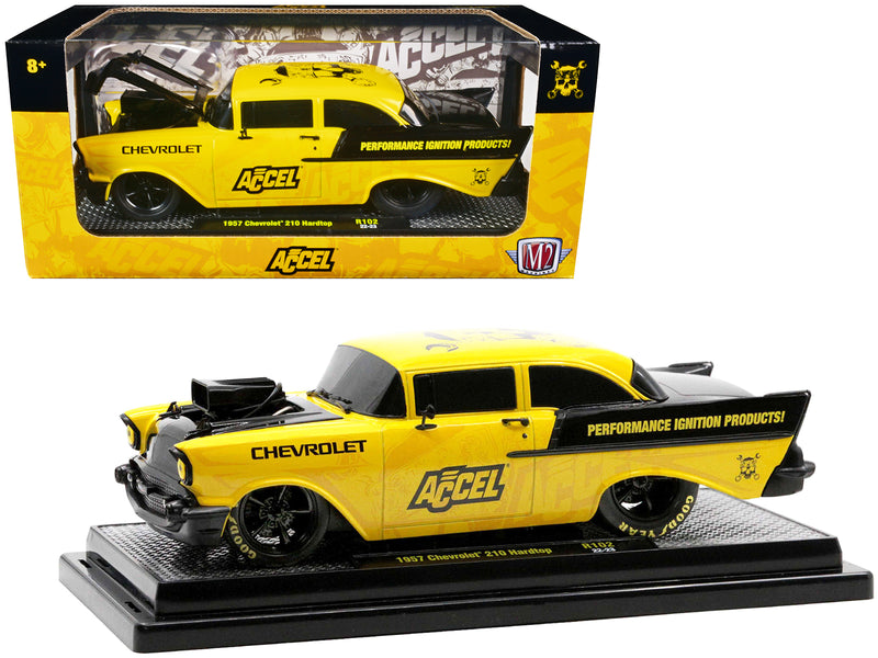 1957 Chevrolet 210 Hardtop Yellow and Black with Graphics Accel Limited Edition to 2650 pieces Worldwide 1/24 Diecast Model Car by M2 Machines