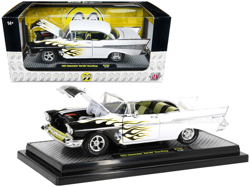 1957 Chevrolet Bel Air Hardtop Bright White with Flames Mooneyes Limited Edition to 6450 pieces Worldwide 1/24 Diecast Model Car by M2 Machines